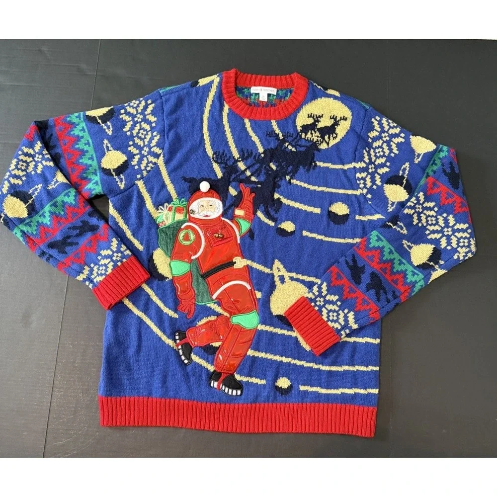 Mens Ugly Christmas Sweater Astronaut Moon Walk Space Santa Funny 3D Bells Sz XL